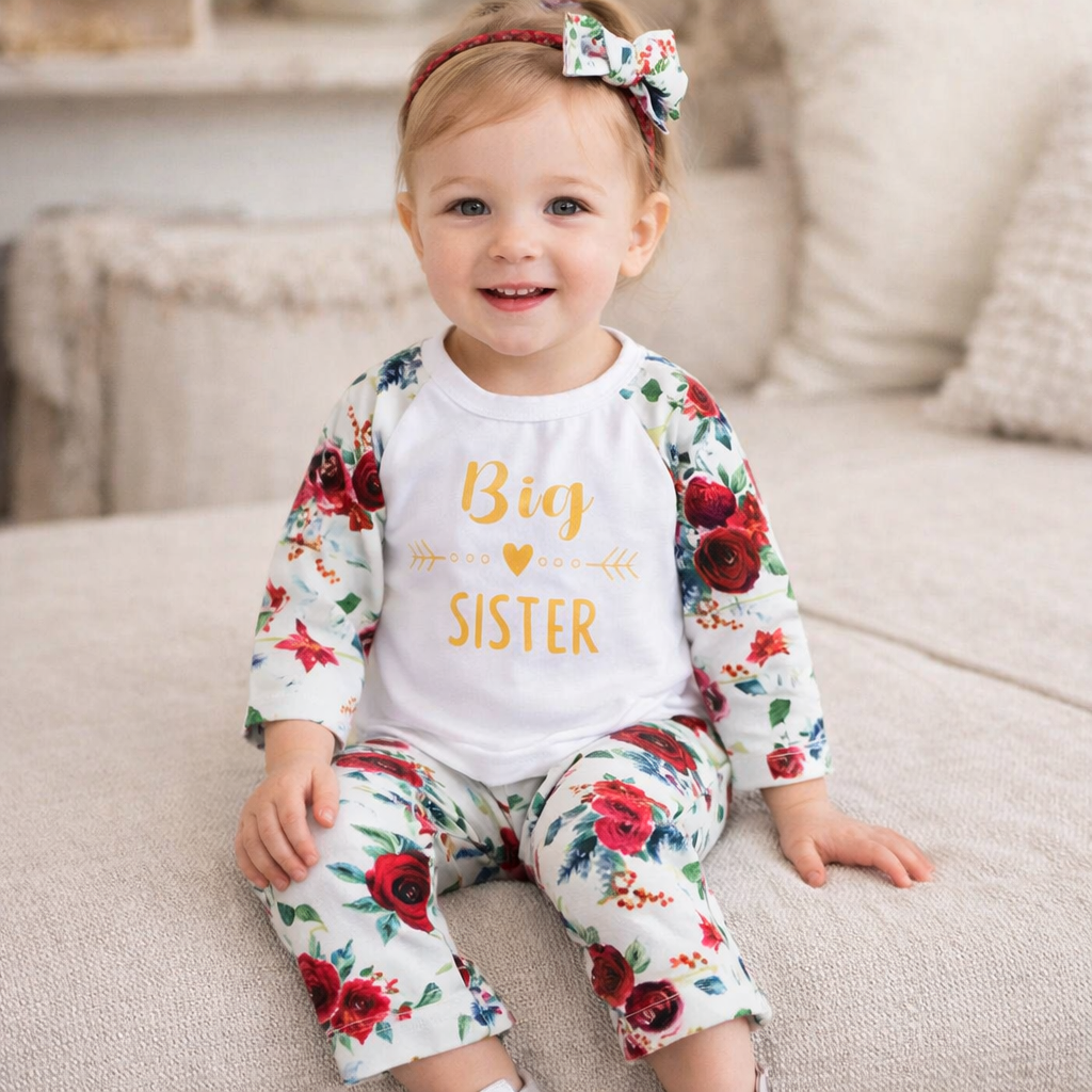 Big Sister Flower Baby Girl Top, Flare Pants & Headband