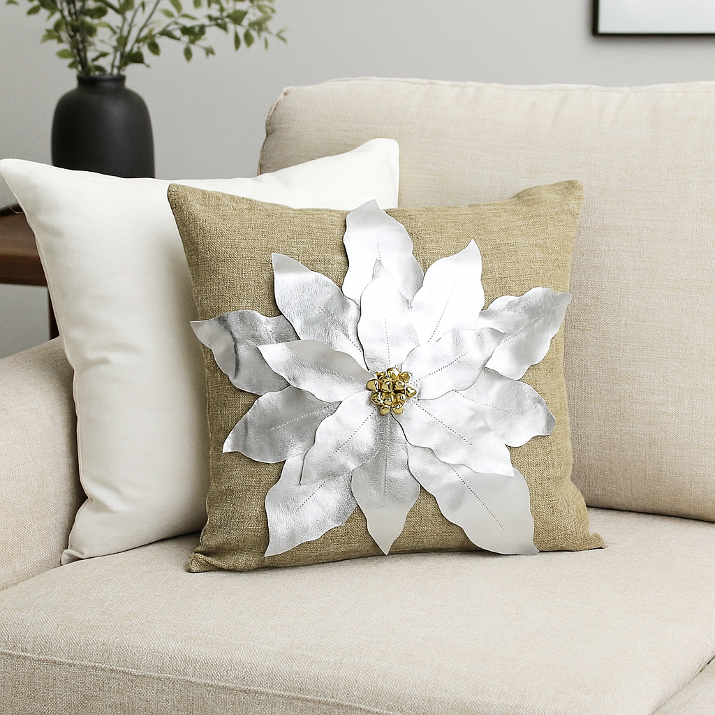 Silver 3D Poinsettia Flower Natural 17"Throw Pillow