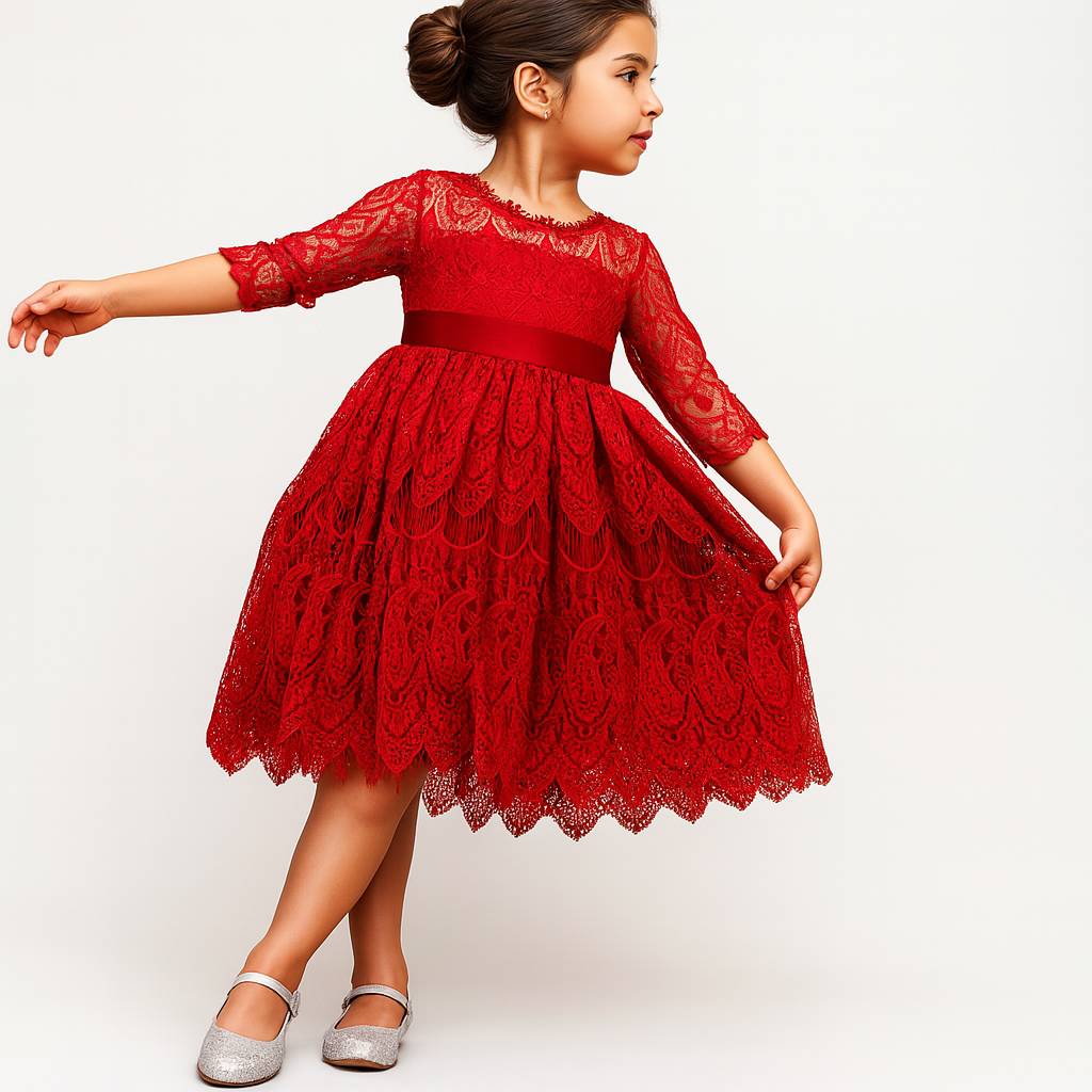 Red Vintage Lace 3/4 Sleeve A-Line Girl Dress