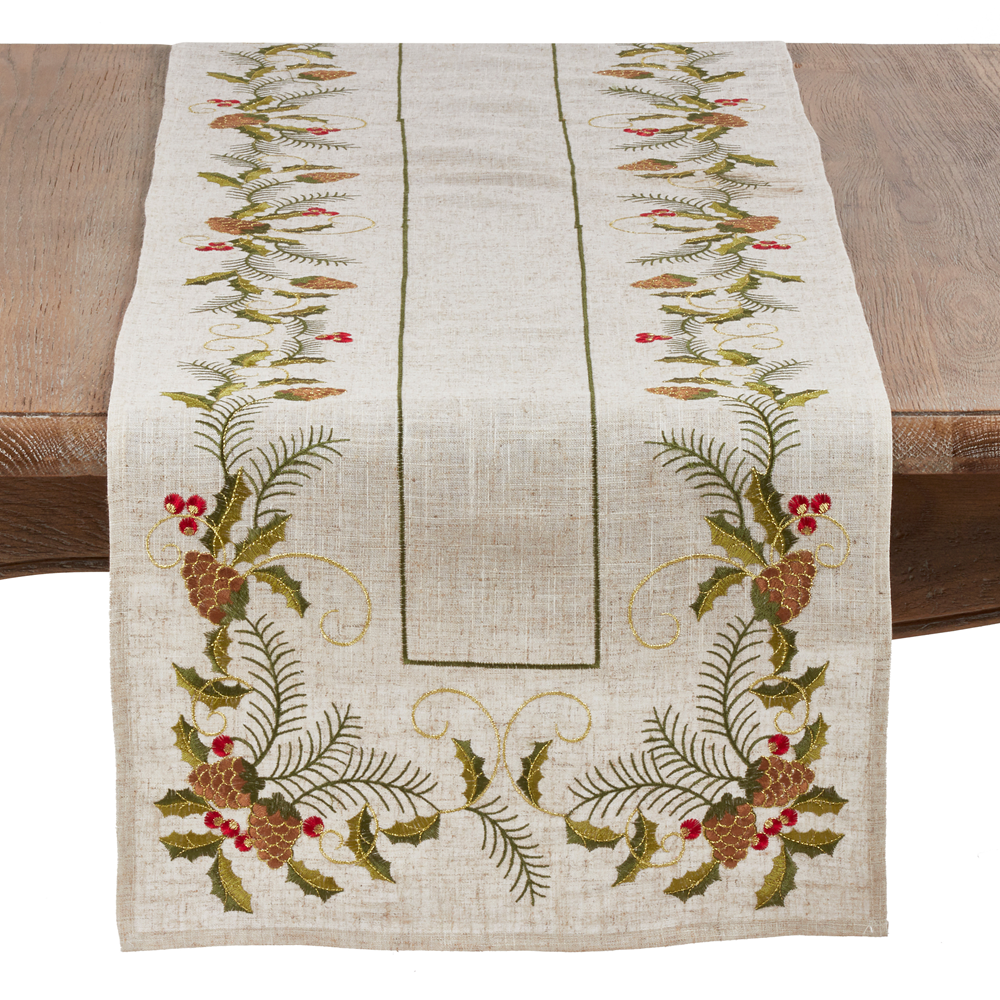 1851 - Embroidered Holly and Pinecone Linen-Poly Table Runner