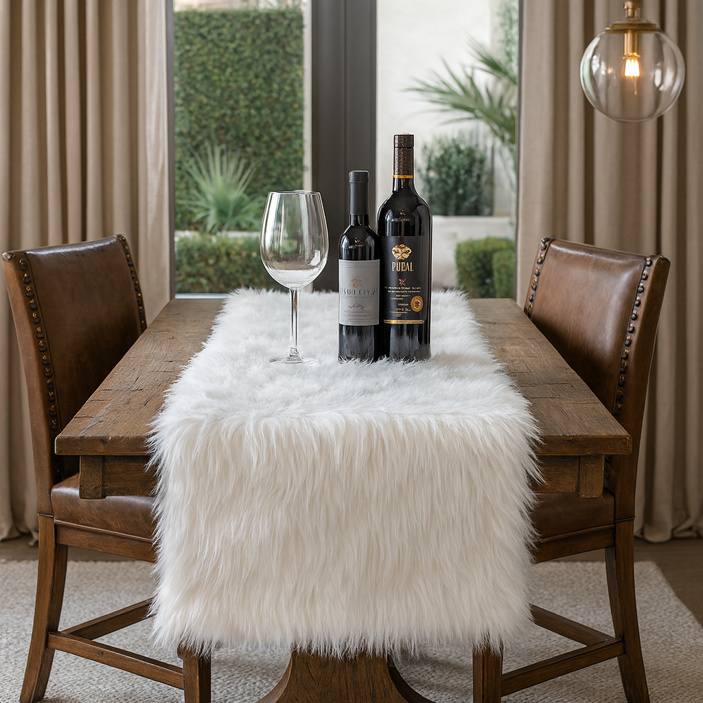 White Faux Fur Silver Lurex Thread Table Runner