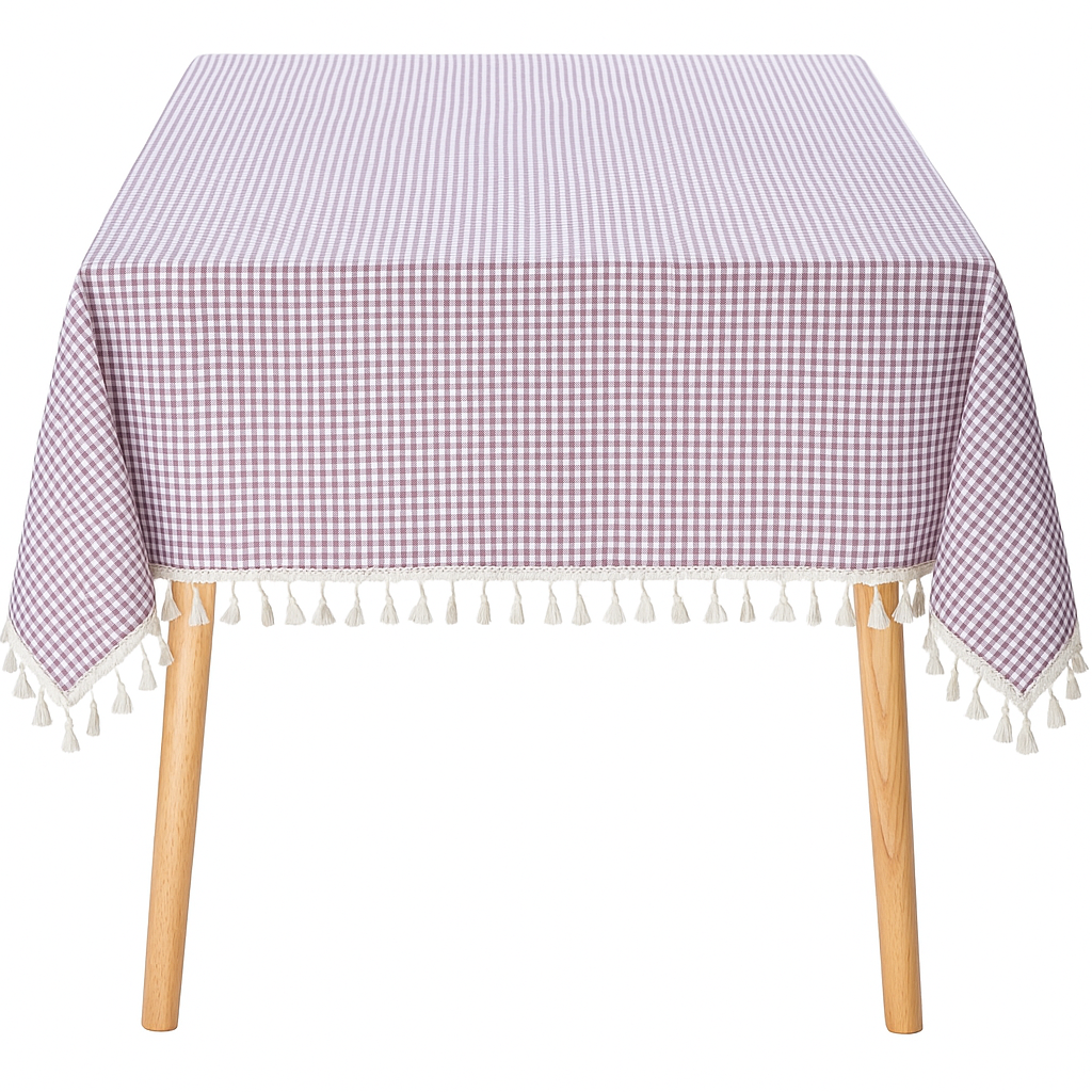 Purple Gingham Plaid Tasseled Cotton Tablecloth