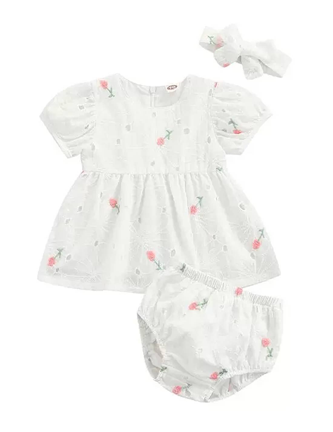 Eyelet Flower Cotton Baby Dress, Bloomers & Headband