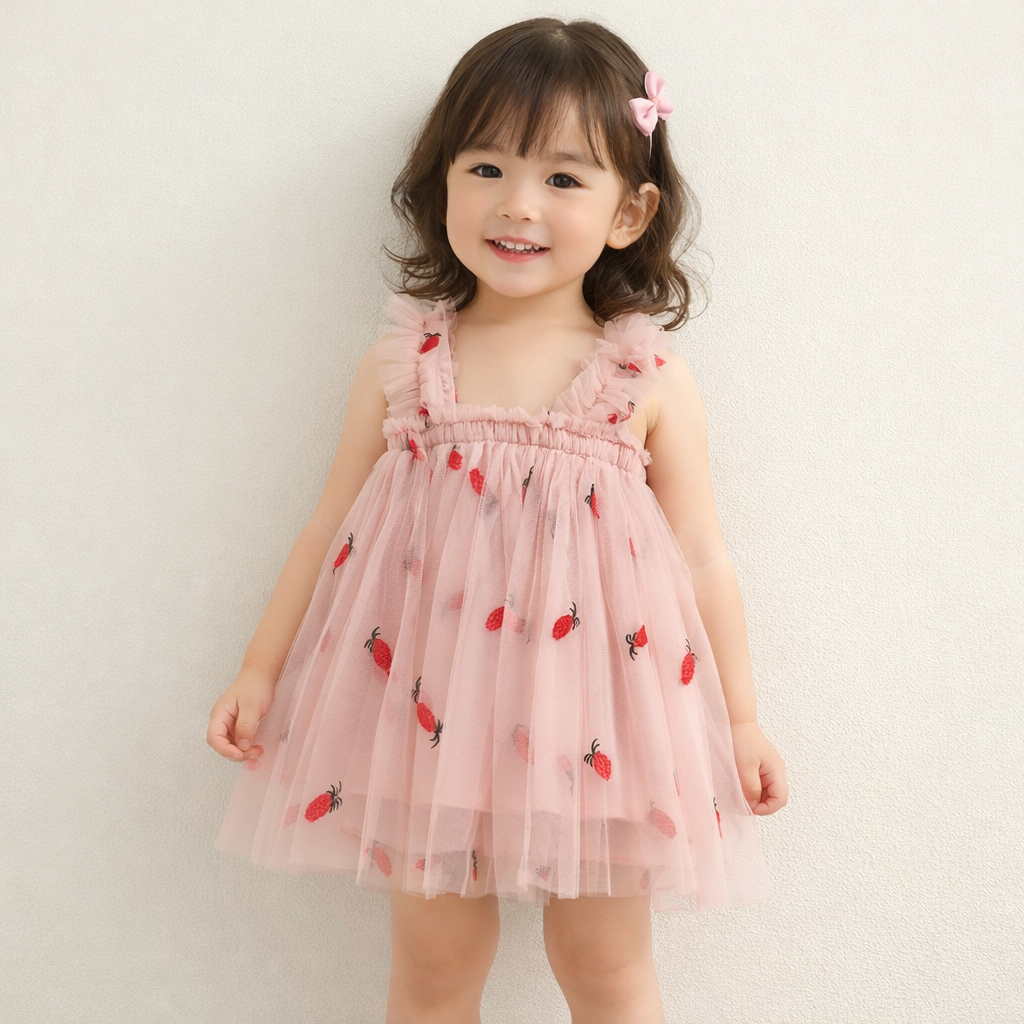 Pink Embroidered Pineapple Mesh Tulle Girl Dress