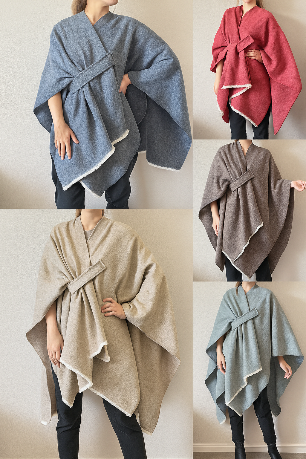 Solid Fringe Poncho Warm Open Front Shawl Cape