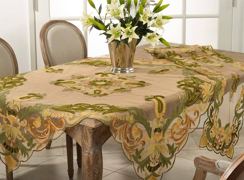 54" Square Green Multi Embroidered Floral Tablecloth