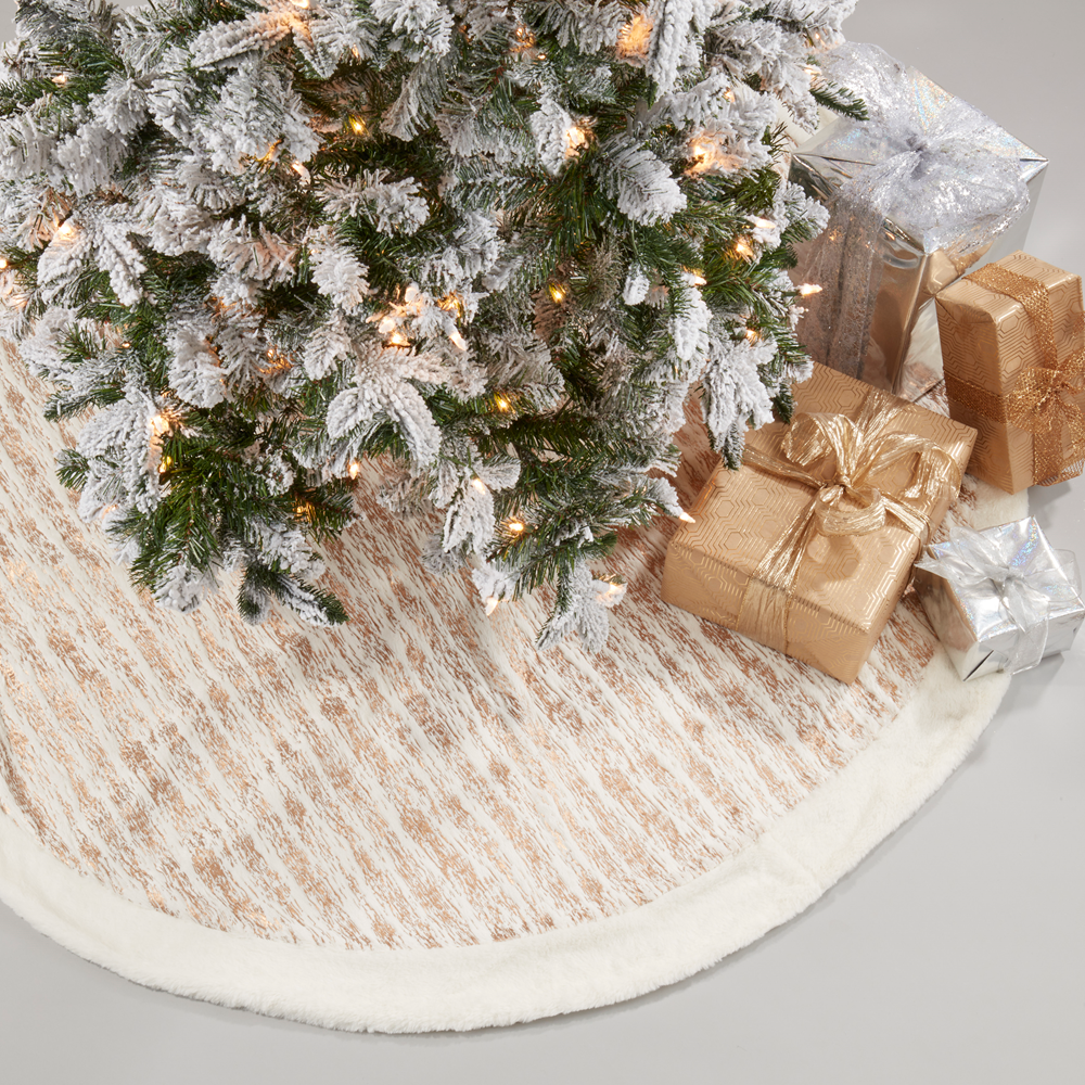 Gold Brushed Foil Print Faux Fur Christmas Tree Skirt