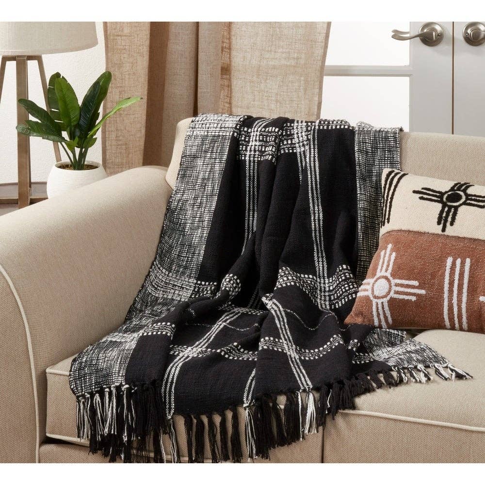 Black Luxury Plaid Cotton 50"x70" Throw Blanket with Tassel