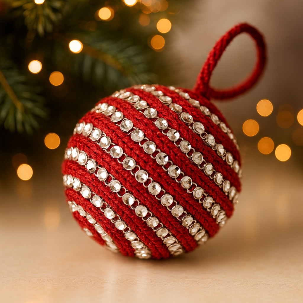3" Rhinestones Jute Red Ball Ornament