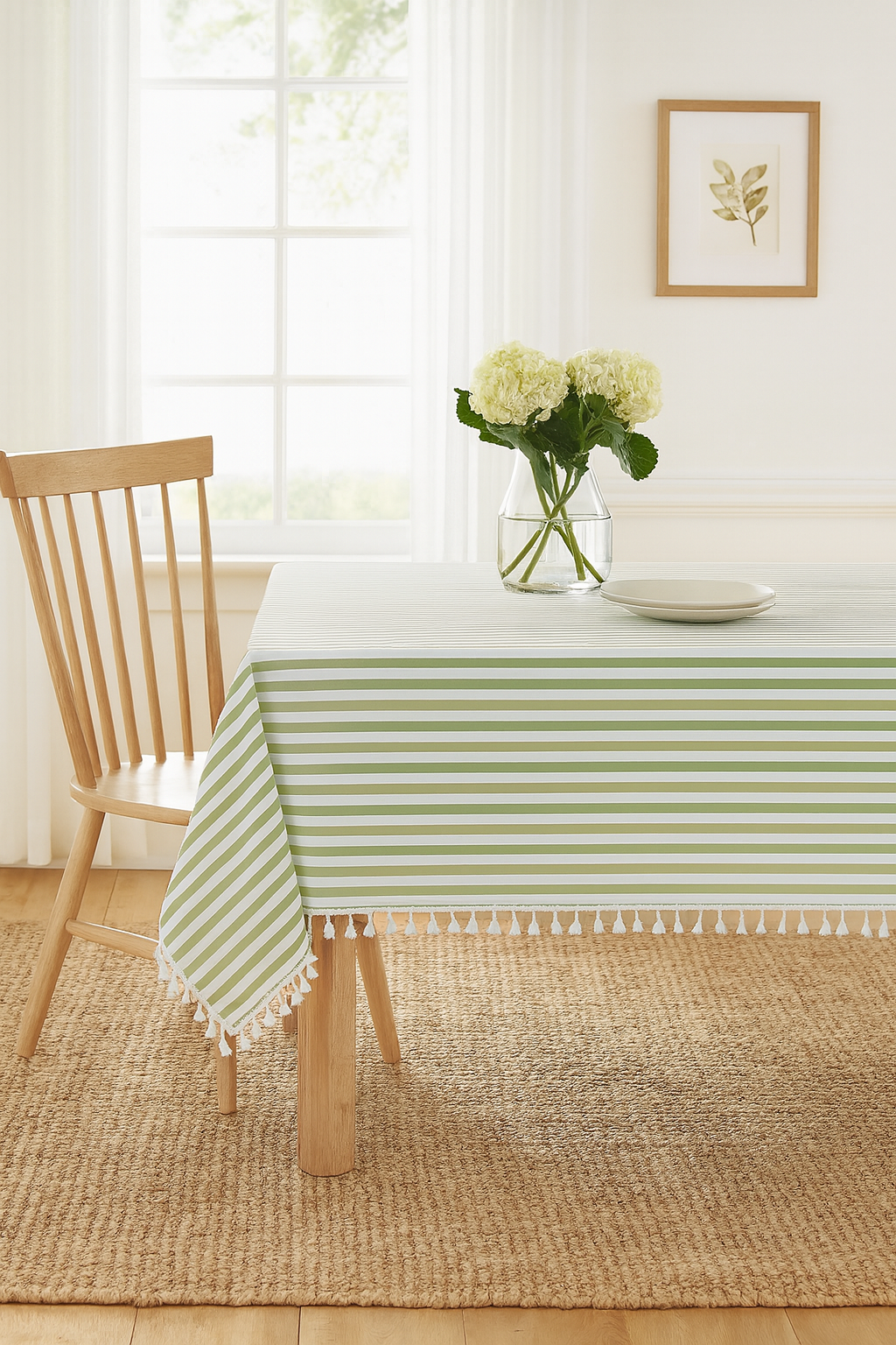 Green Rustic Simply Striped Tasseled Cotton Blend Tablecloth