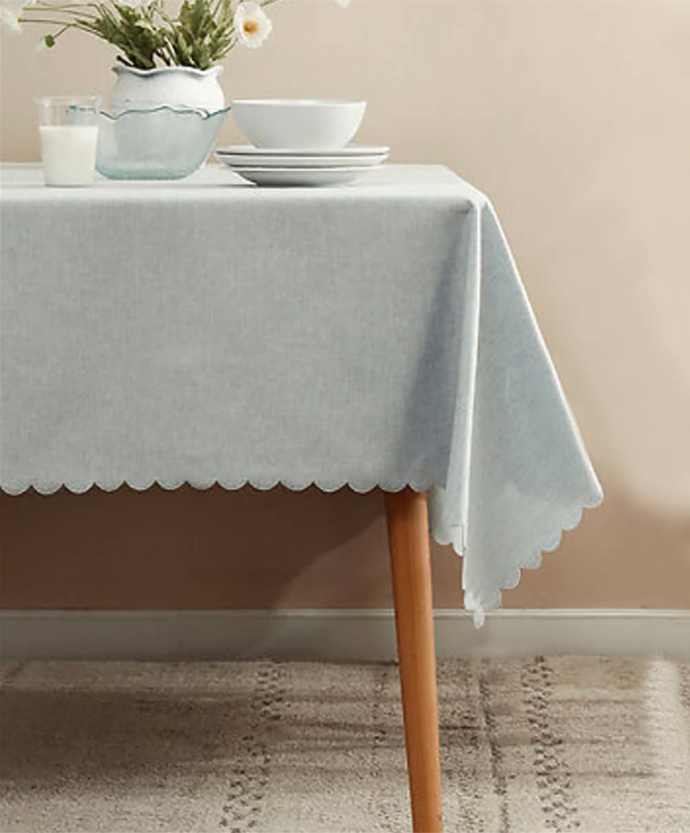 Light Blue Scalloped Border Wrinkle-Free Tablecloth