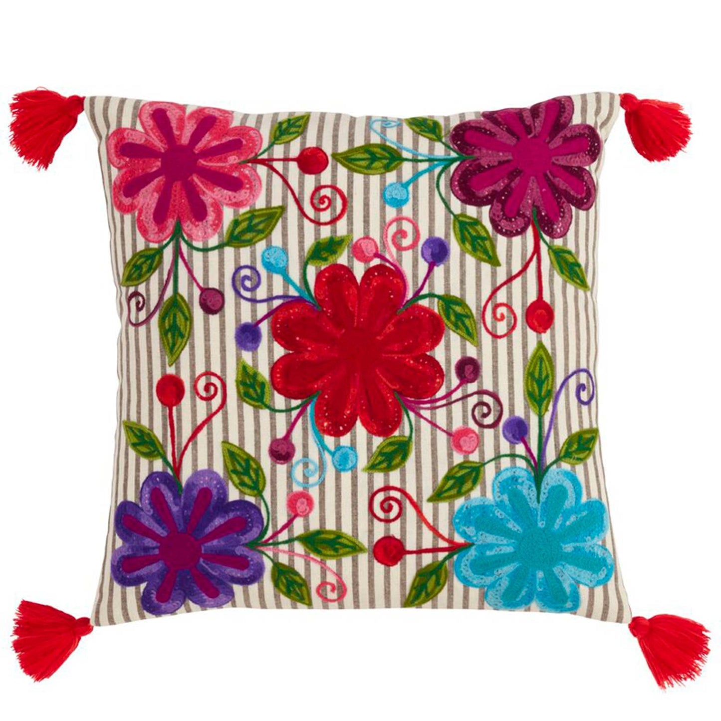 1720 - Embroidered Floral Cotton 18" Throw Pillow w/ Tassel