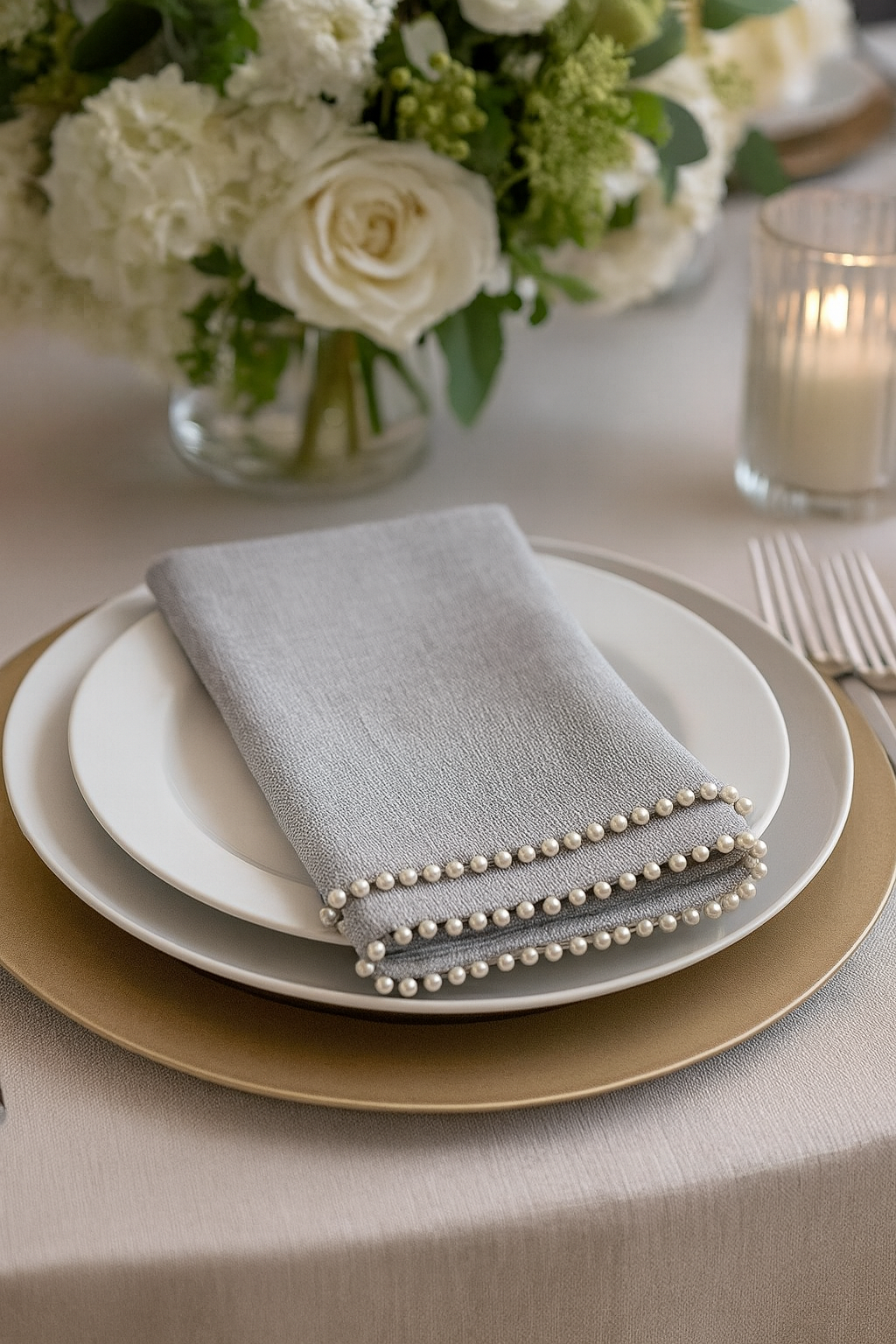 10794 - Grey Pearl Border Cotton 18" Dinner Napkin
