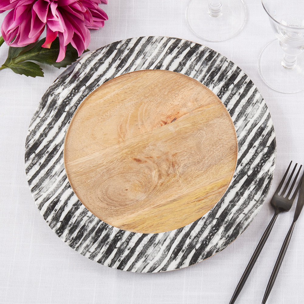 Striped Rim Mango Wood 13" Round Charger Plate