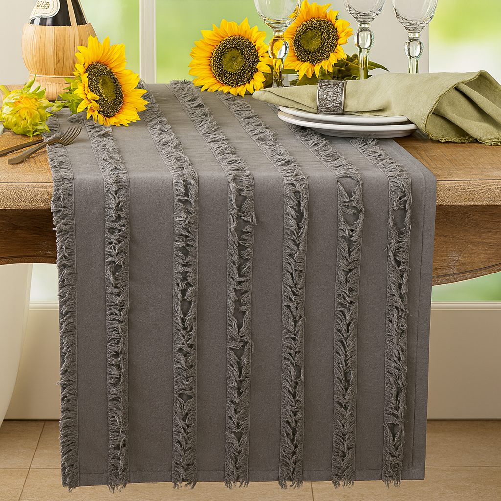 Slate Fringed Stripe Cotton 15"x72" Table Runner