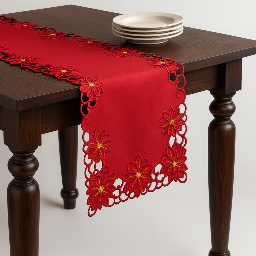 124 - Red Embroidered and Cutwork Poinsettia Table Runner
