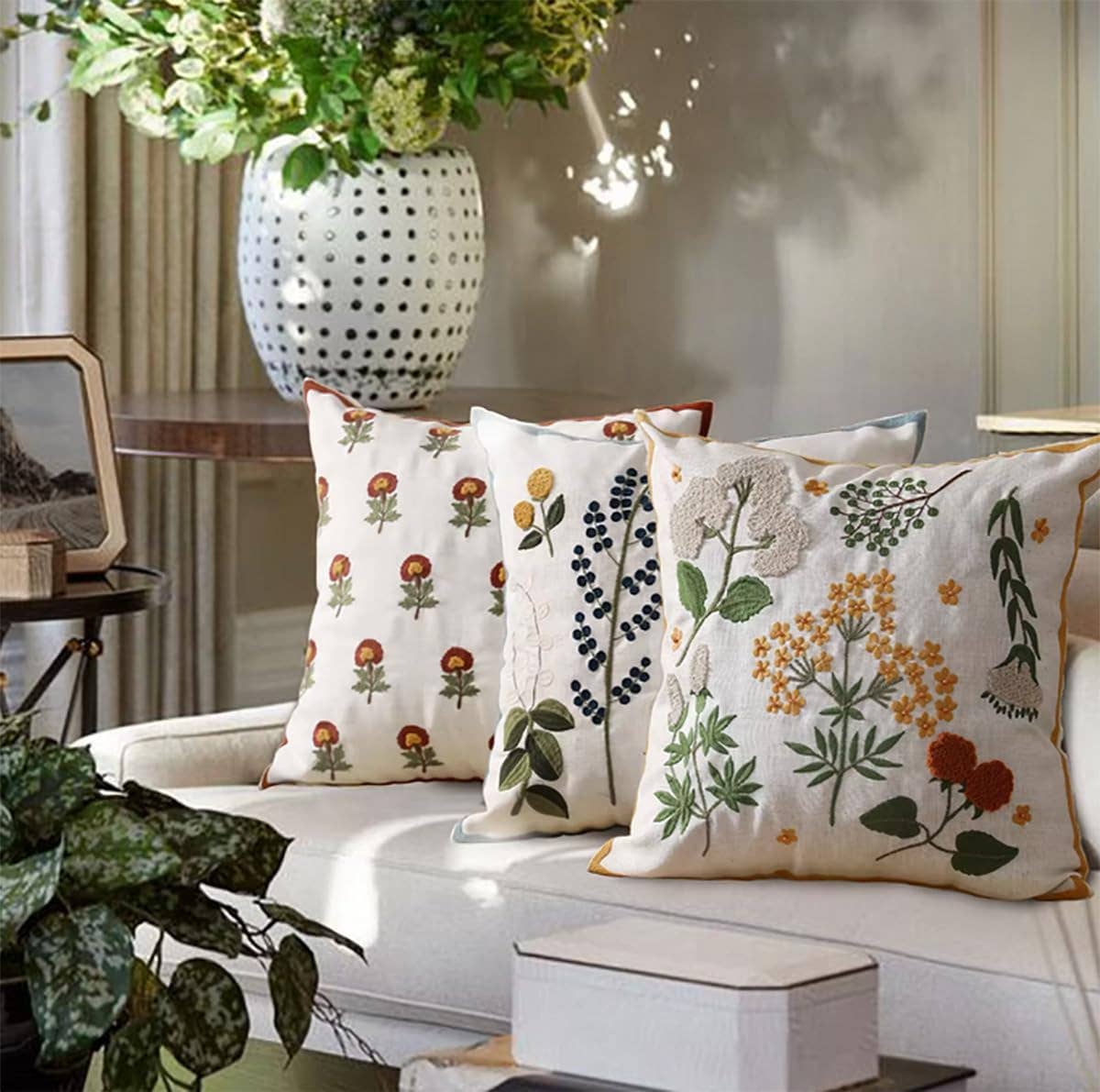 Flower Embroidery 18" Throw Pillow