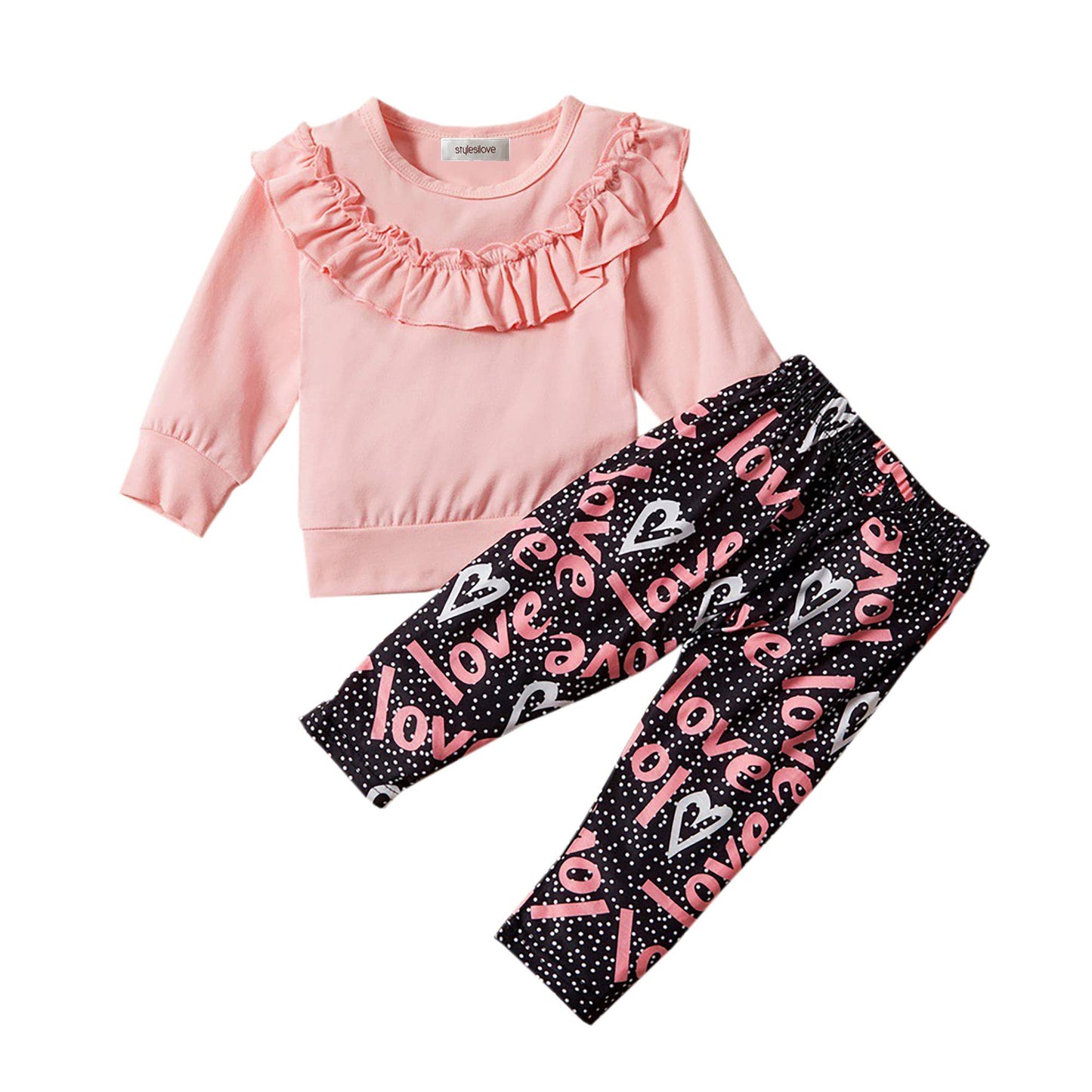 Pink Ruffled Top & Love Print Pants 2pcs Baby Outfit