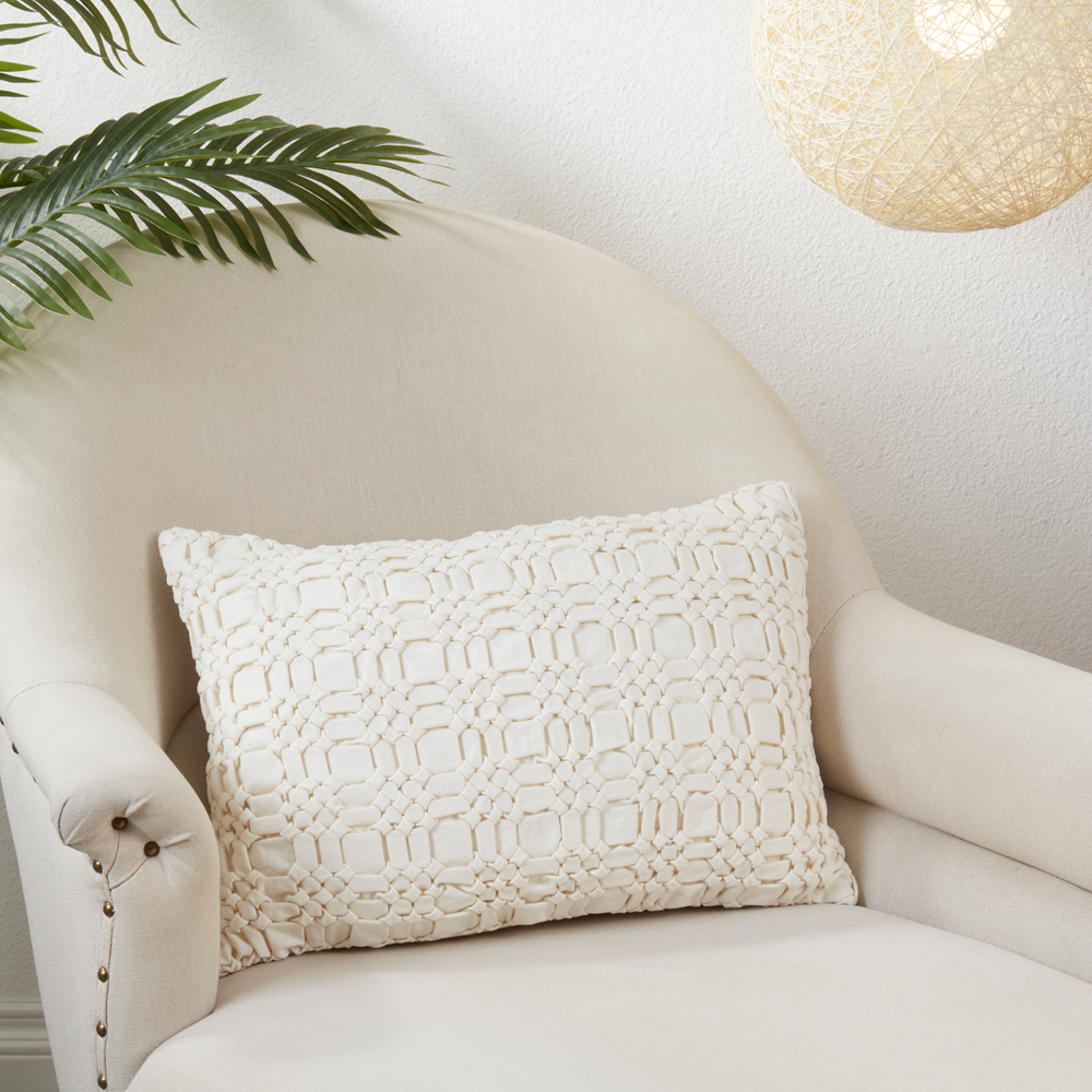 0002 - Ivory Cotton Smocked 14"X20" Down Filled Throw Pillow