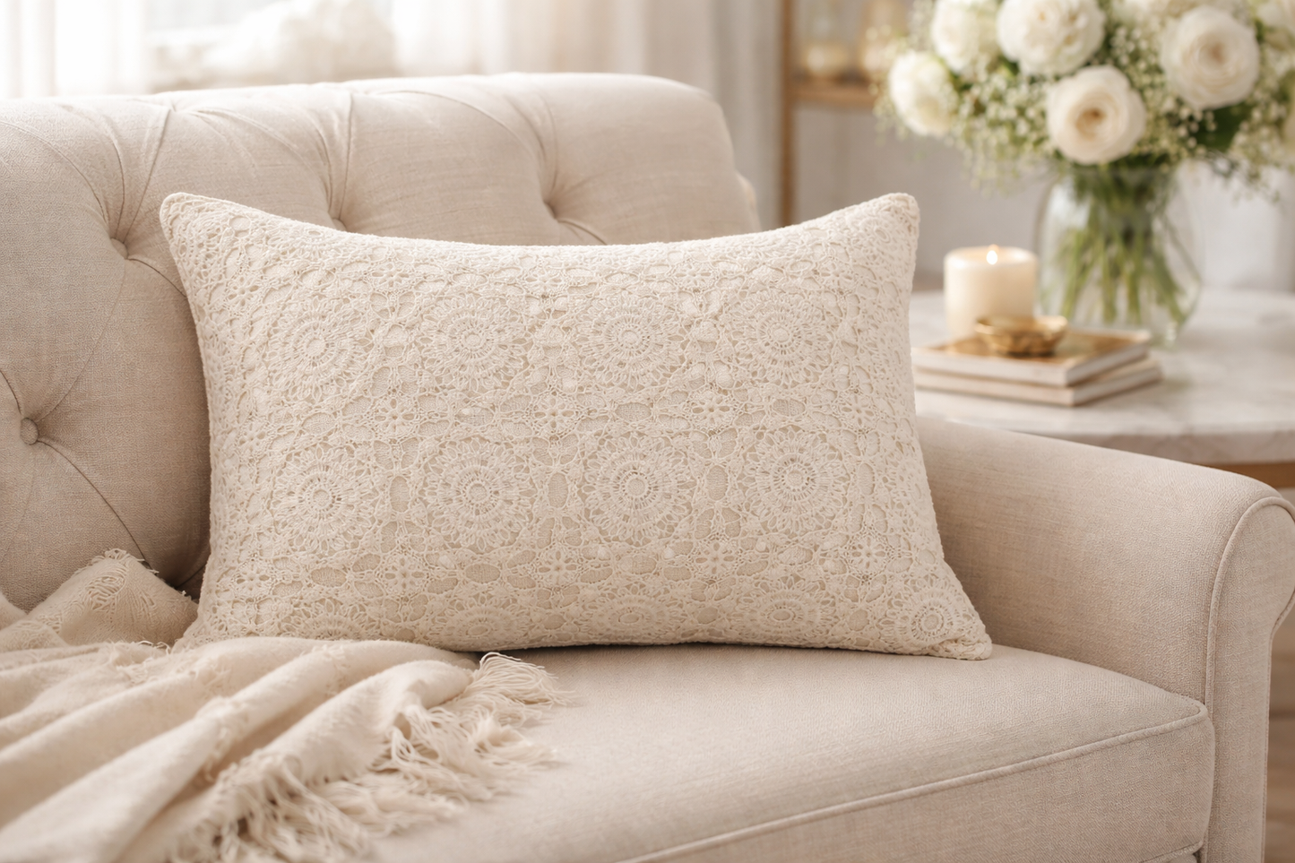 White Medallion Embroidery Lace 12"x20" Throw Pillow