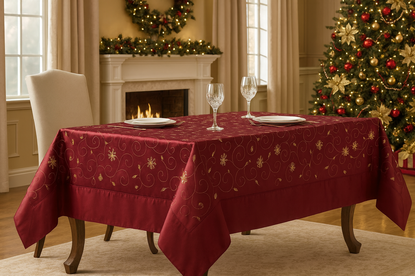 Gold Embroidered & Sequined Burgundy Tablecloth