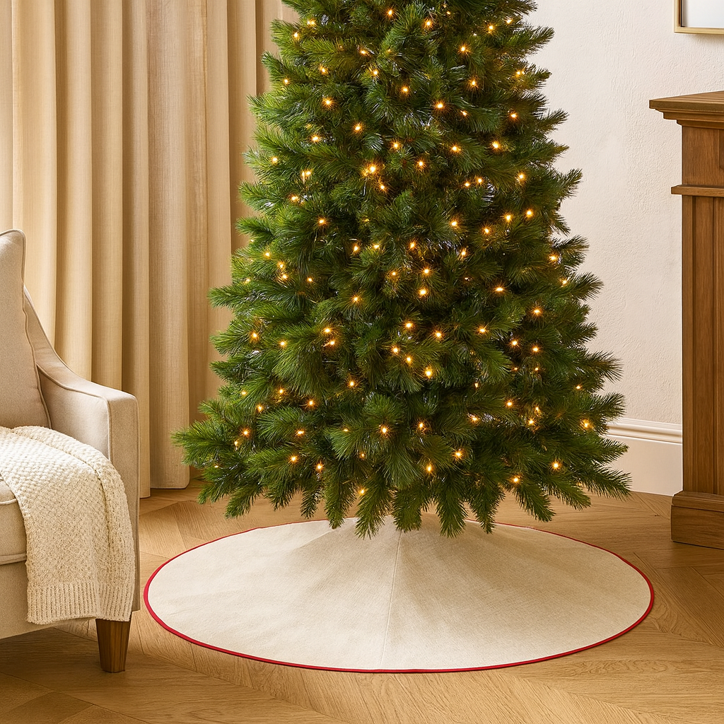 Natural Linen Blend Christmas Tree Skirt with Red Piping