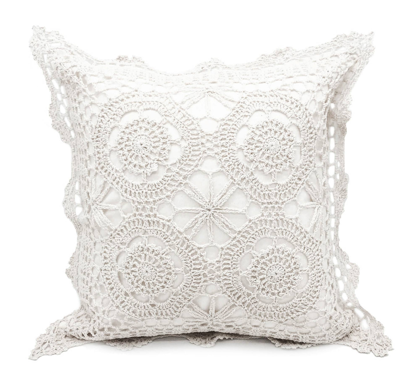 White Handmade Medallion Cotton 17" Decorative Throw Pillow