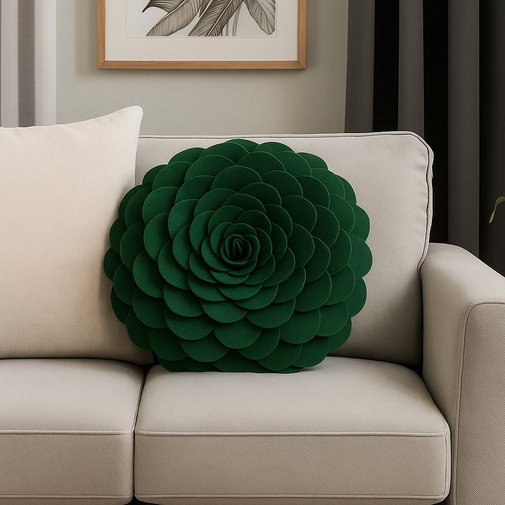 Green 3D Rose Flower Petal Decorative Throw Pillow