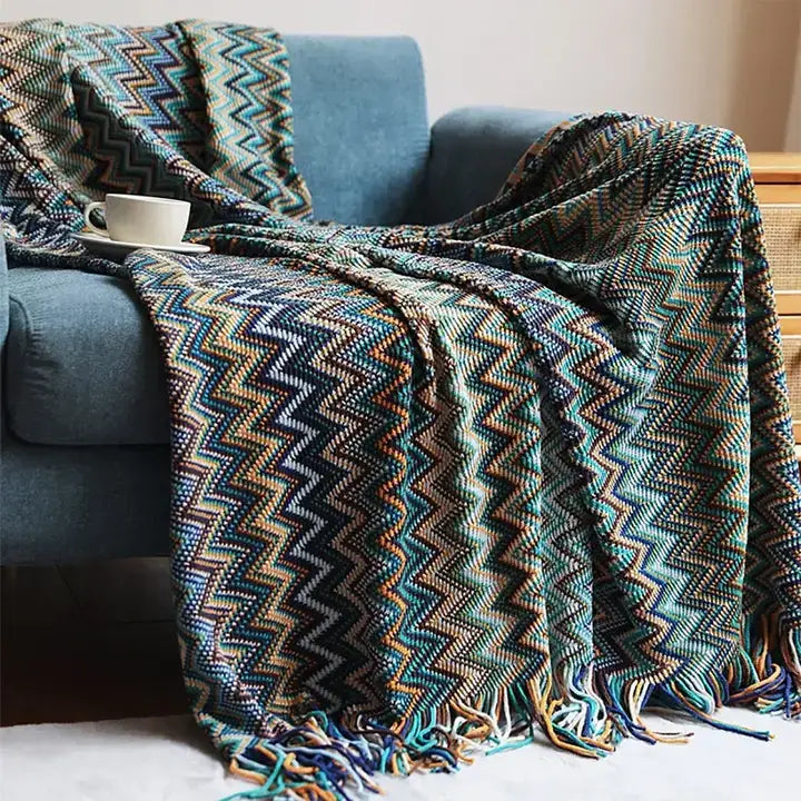 Blue Zigzag Soft Boho Throw Blanket