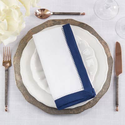 6409 - Navy Border Hemstitch White 20" Dinner Napkin