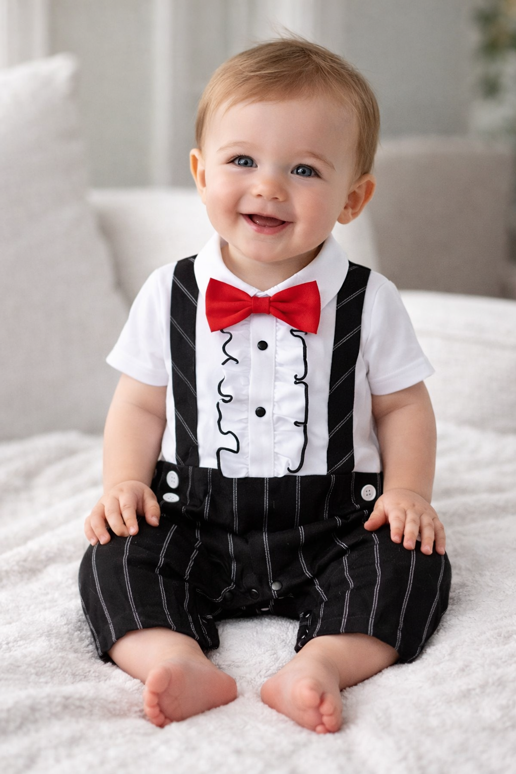 Black and White Bowtie Tuxedo Baby Romper