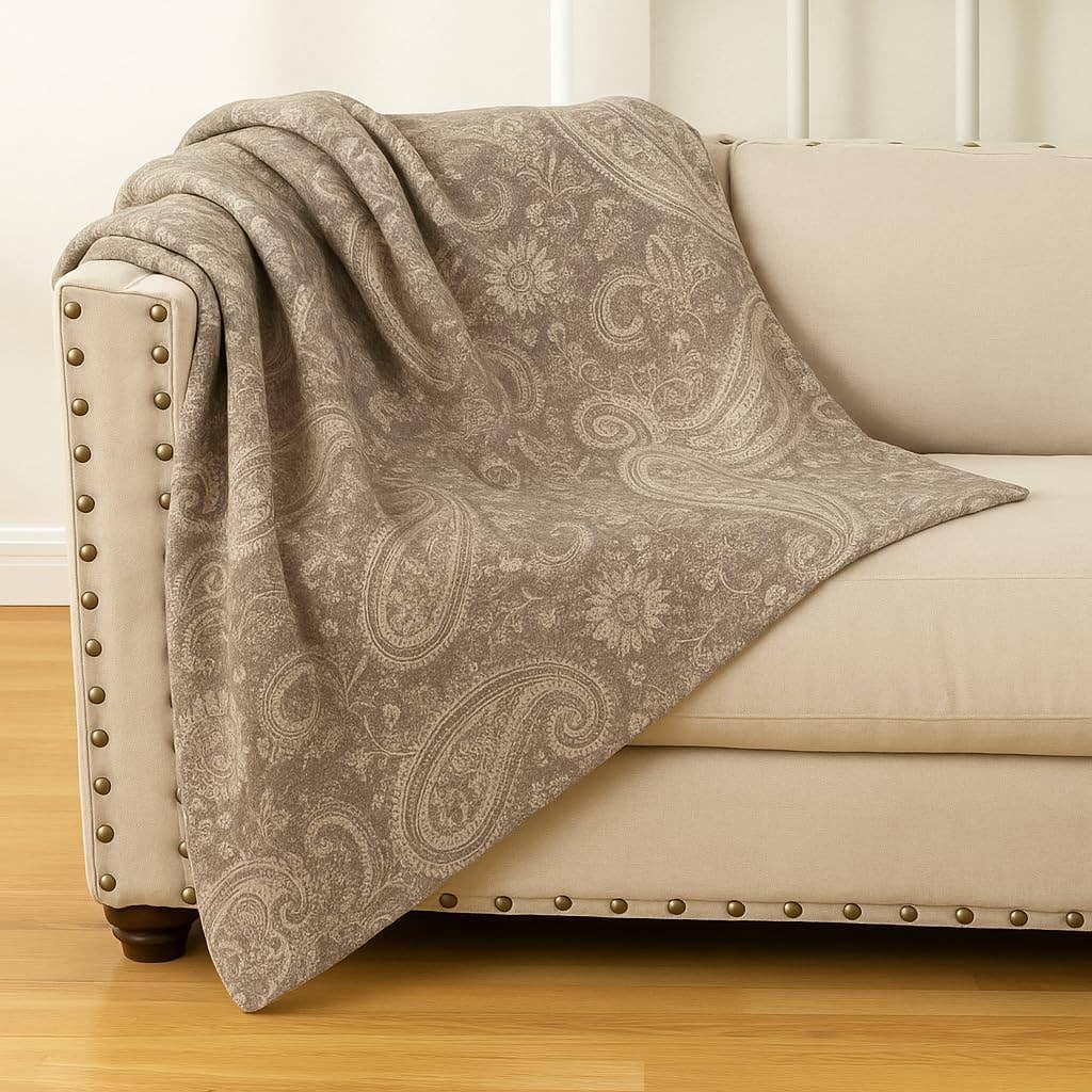 Khaki Paisley Jacquard Wool Blend Throw Blanket - 50"x60"