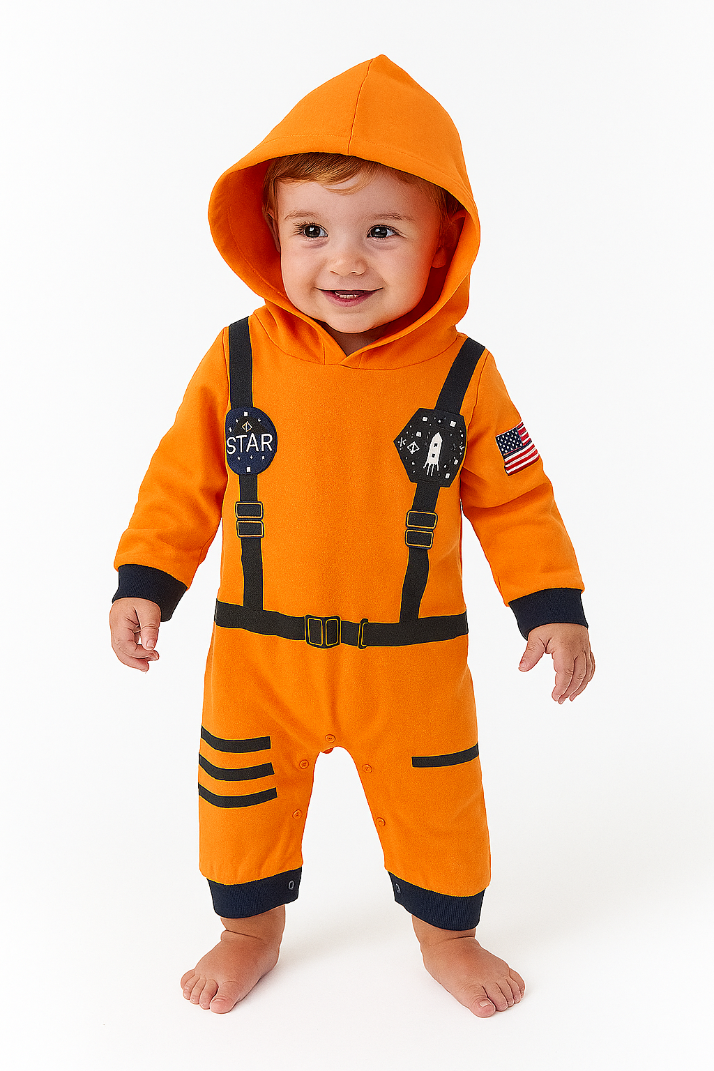 Orange Astronaut Long Sleeve Hooded Costume Baby Romper