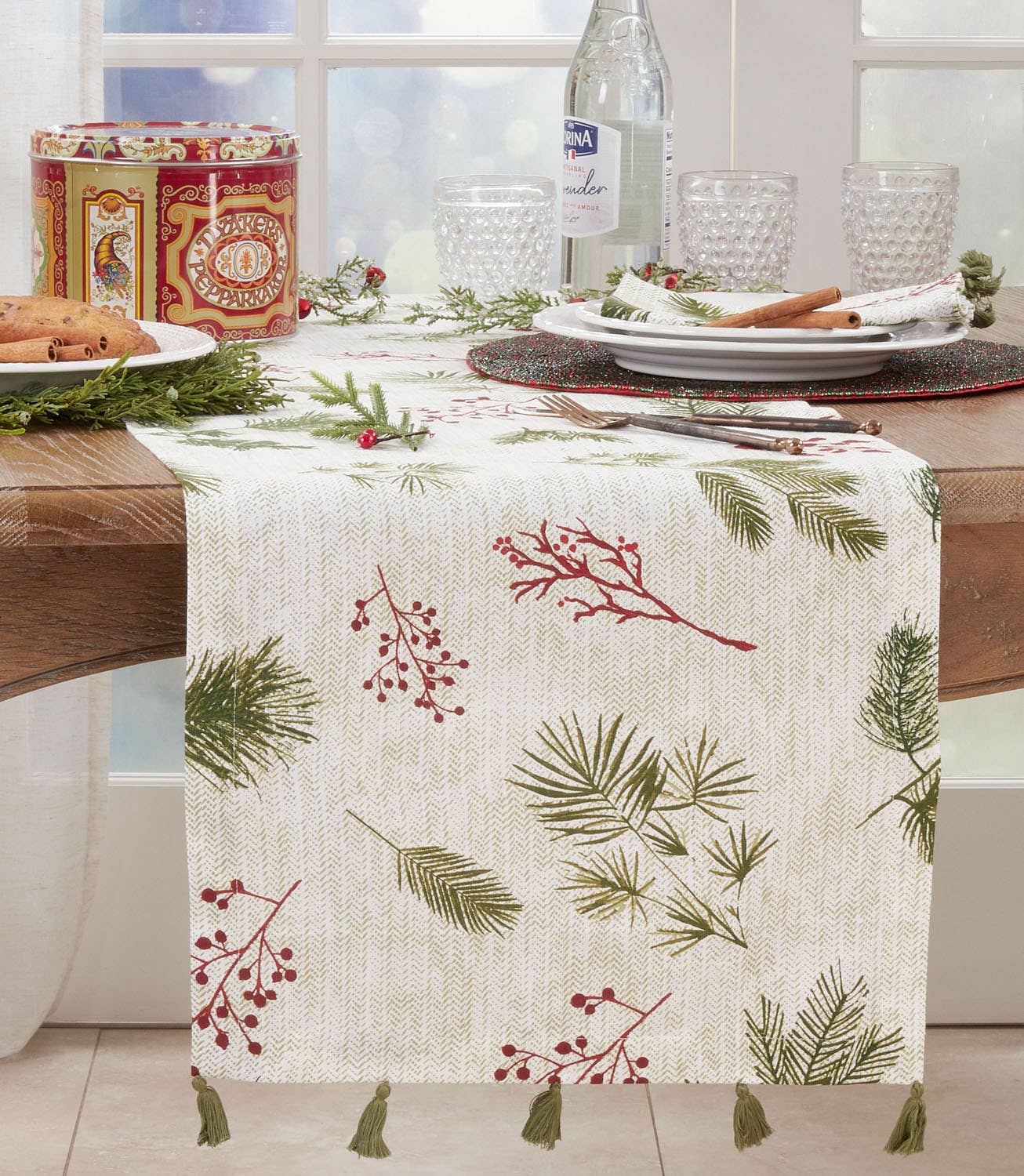101 - Pineneedle and Red Berry Runner Cotton 16x72 Table Runner