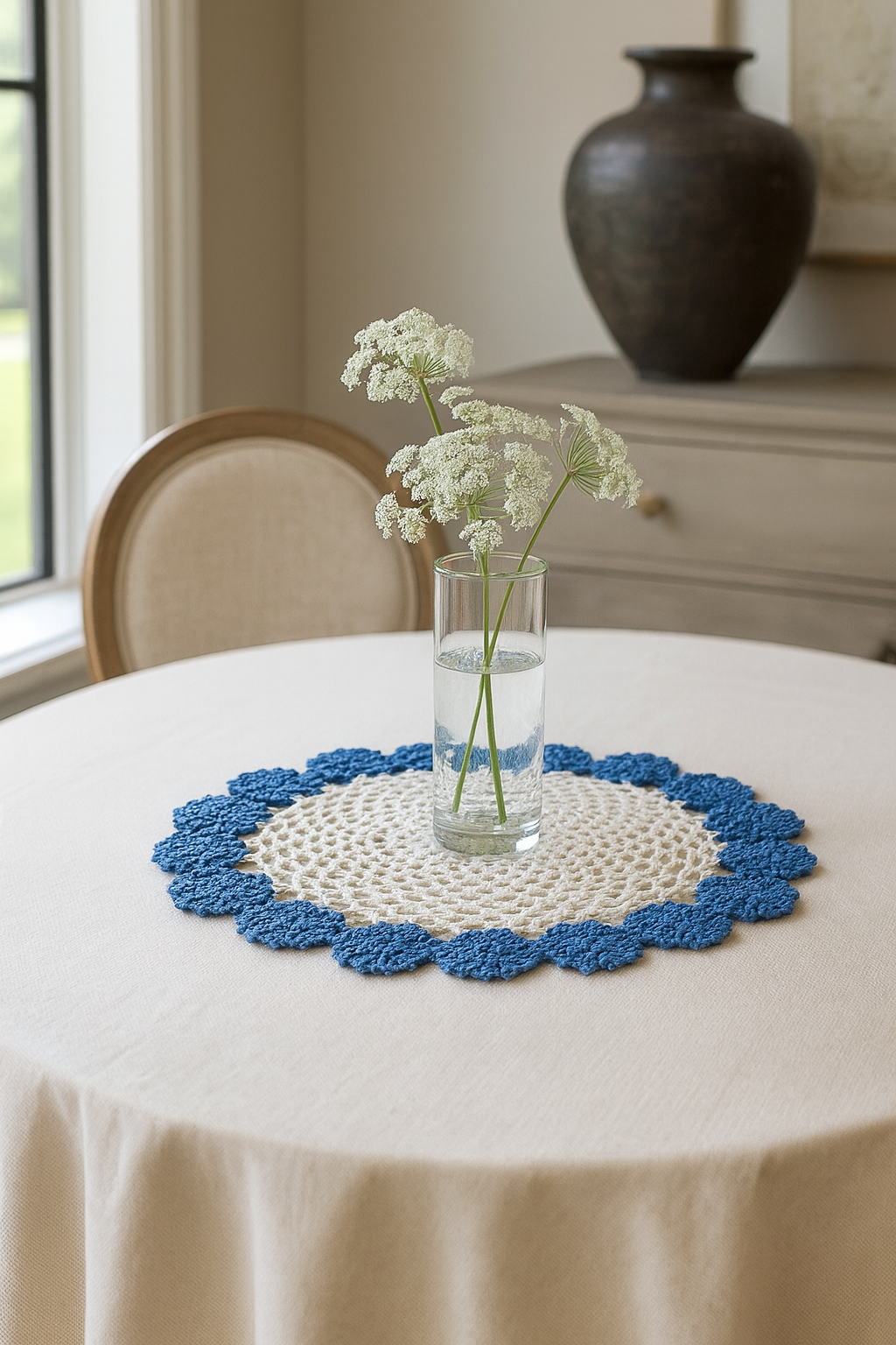 Hand Crocheted Blue-White Cotton 9" Round Doily