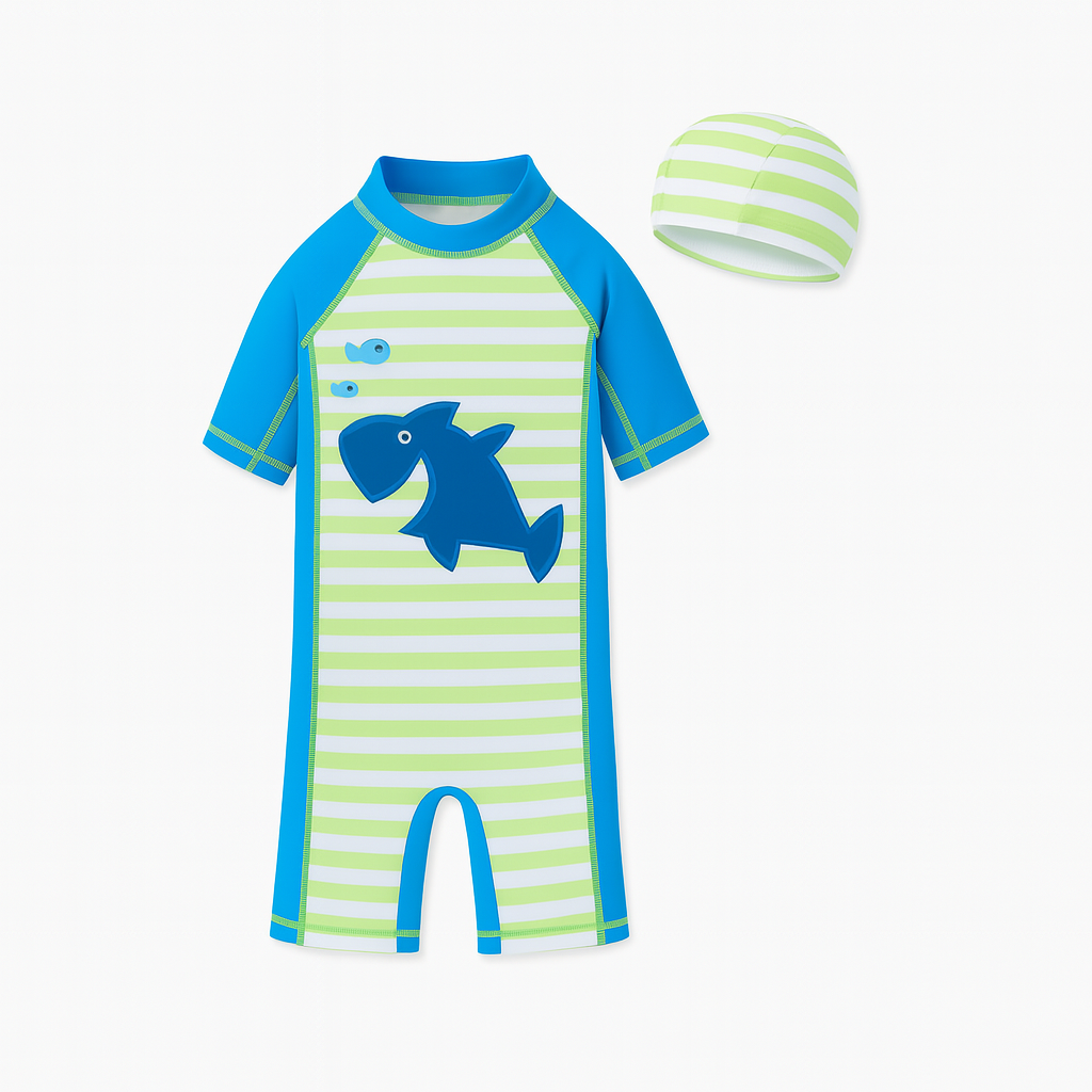 Blue Green Shark Striped Boy Rash Guard & Swim Hat