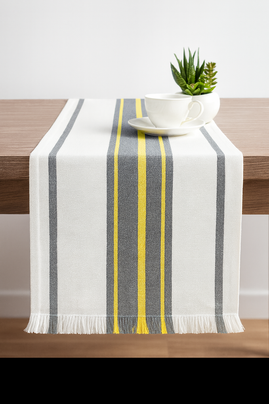 Green & Yellow Stripe Fringed Cotton Table Runner
