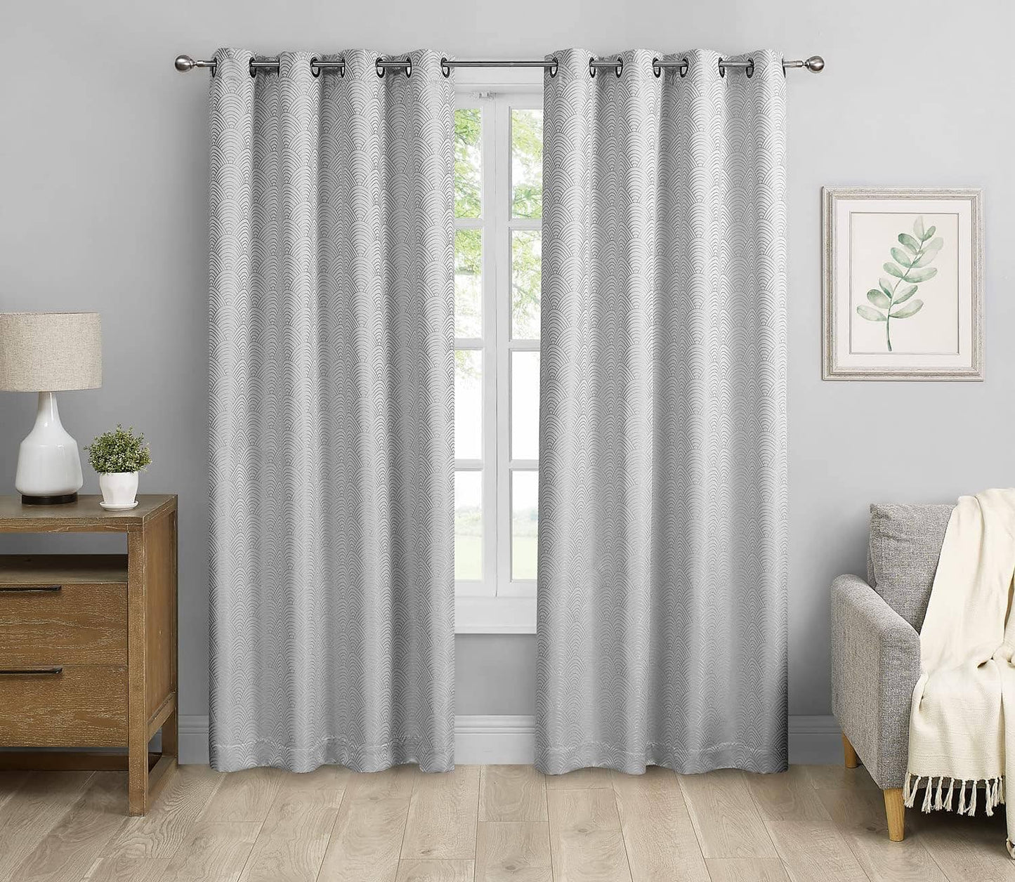 Set of Two Grey Grommet Top Scallop Blackout Curtains