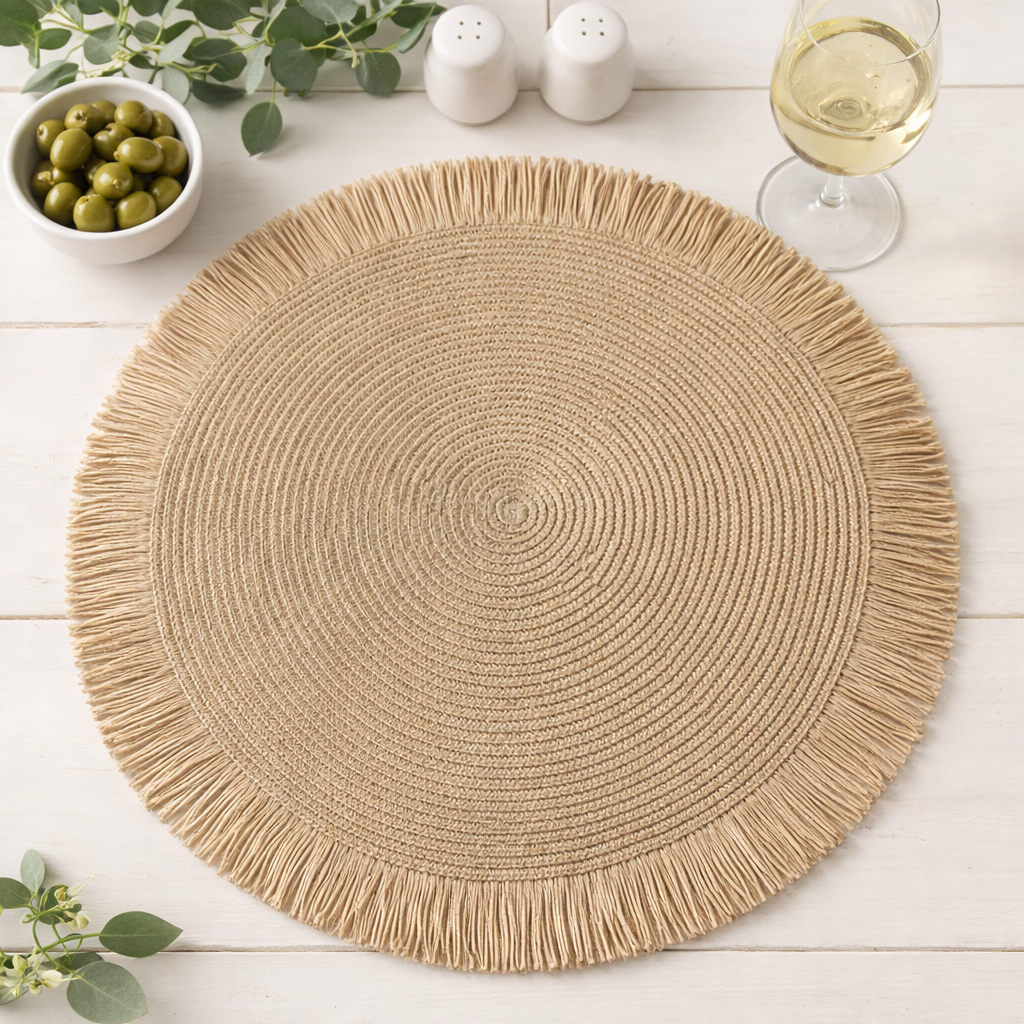 Natural Handwoven Fringe Boho 15" Round Placemat