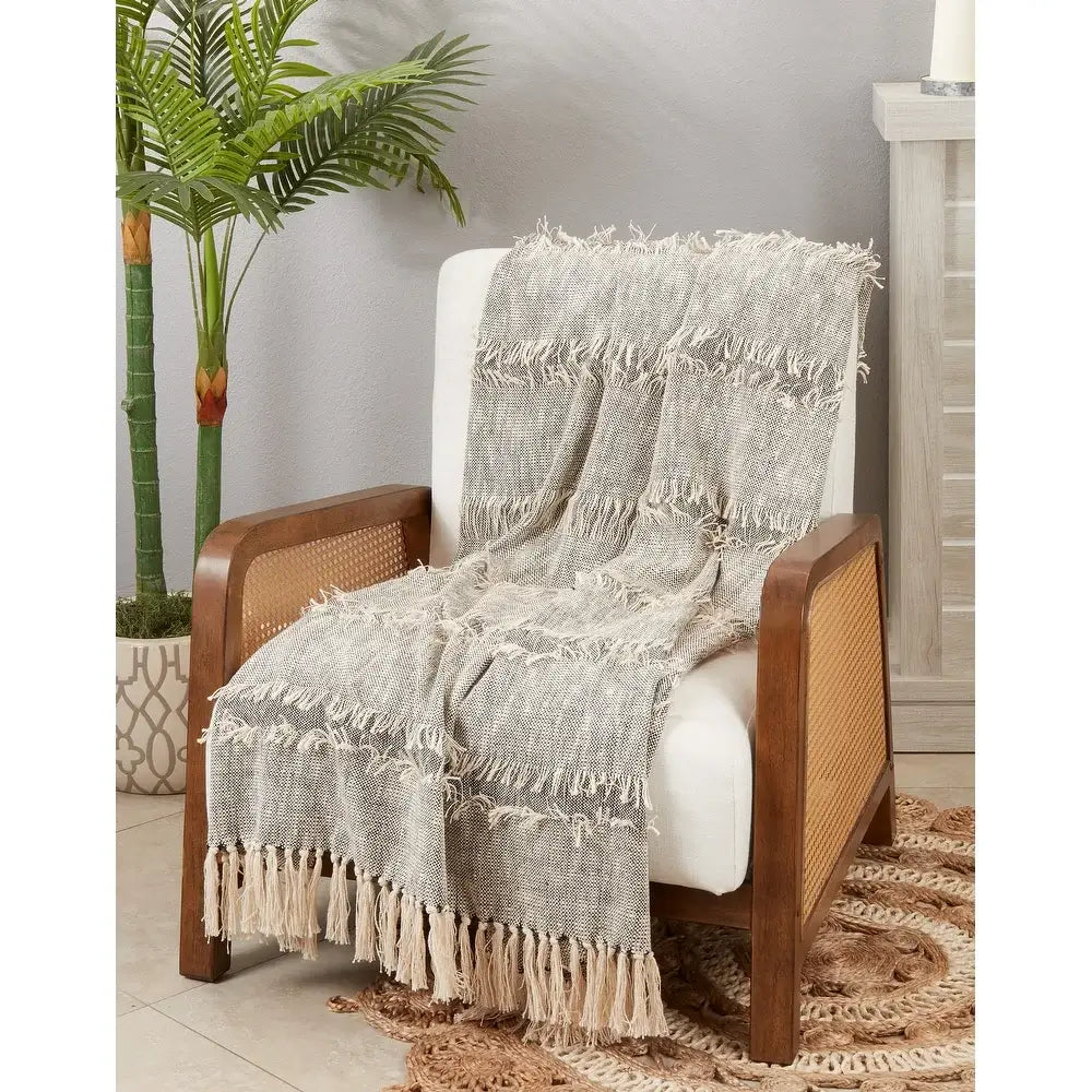 TH172 - Rustic Grey Striped Fringe Pure Cotton 50x60 Throw Blanket