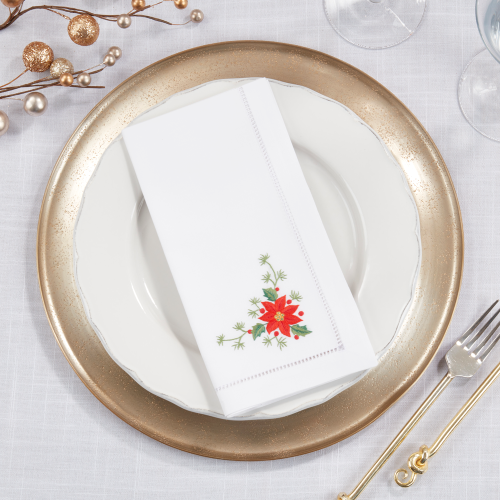 White Embroidered Poinsettia 20" Cotton Cloth Napkin
