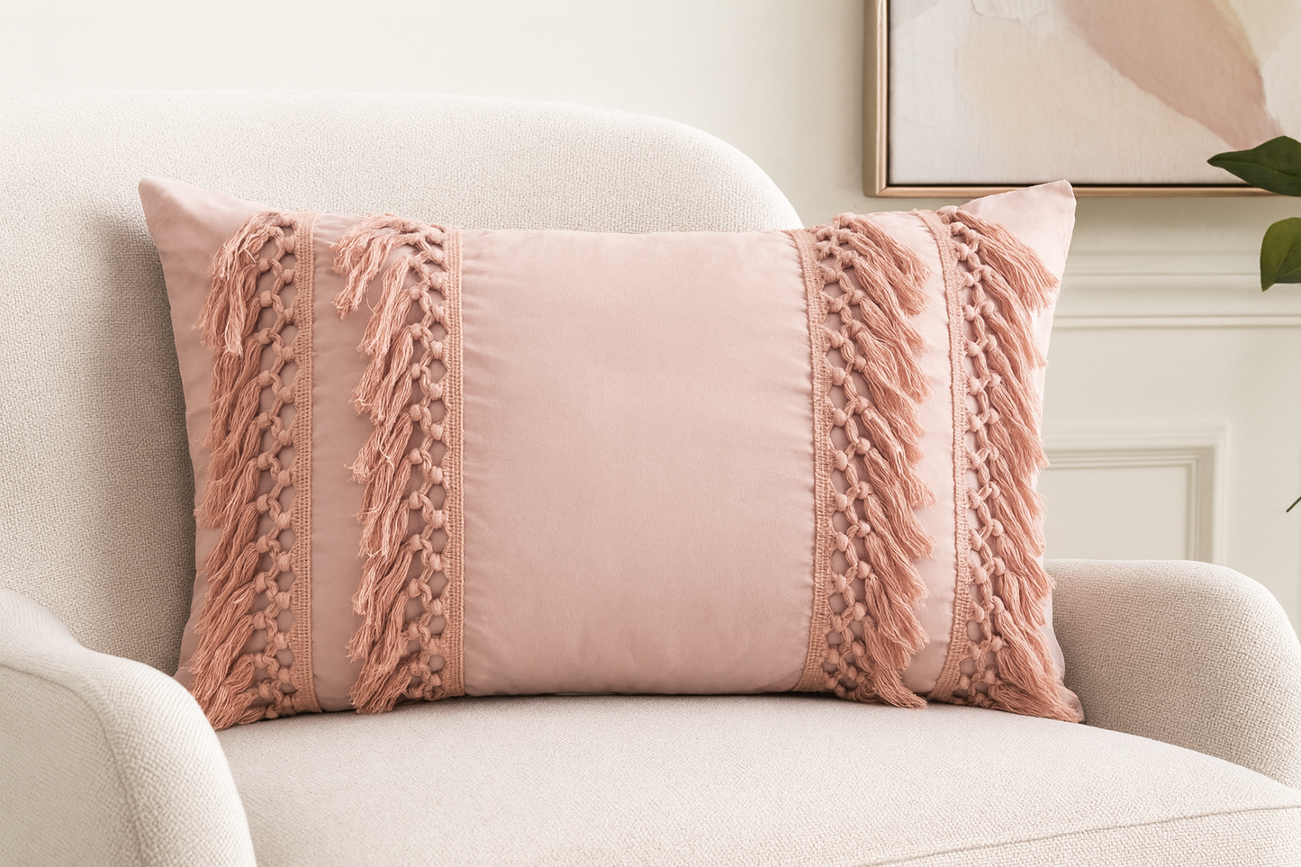 Pink Fringed Cotton Lumbar 12"x20" Decorative Throw Pillow