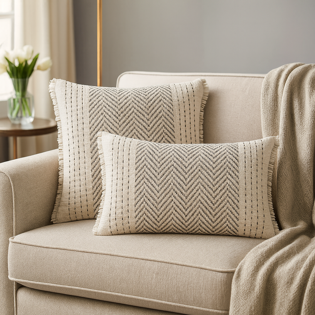 1229 - Grey Kantha Stitch Cotton Decorative Throw Pillow