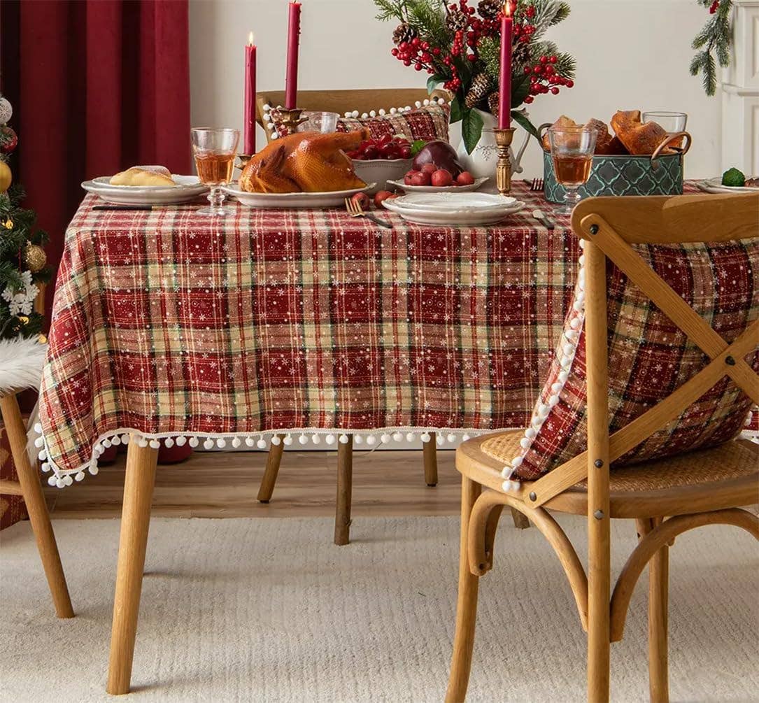 Classic Plaid Snowflake Pompom Border Festive Tablecloth