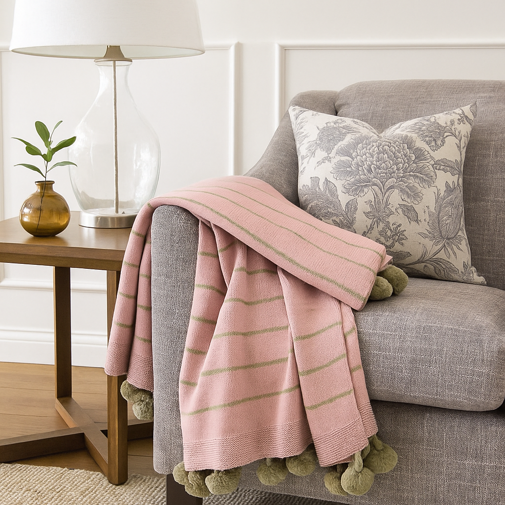Mauve Pom pom Striped Woven 50"x60" Throw Blanket