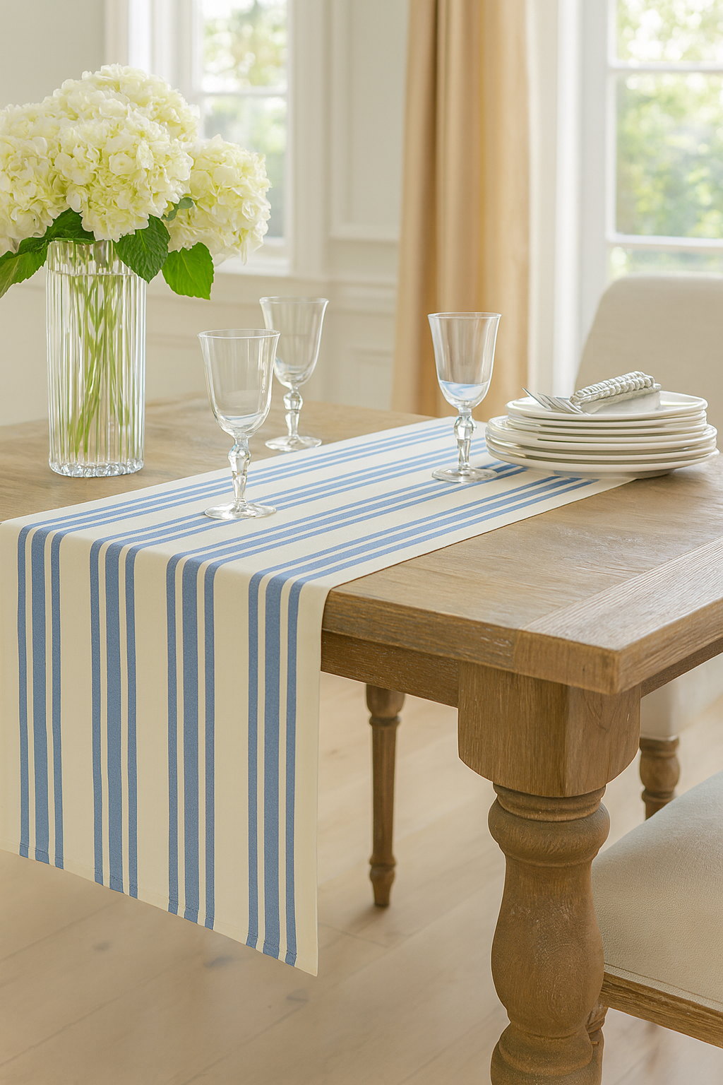 0808 - French Blue Stripe Cotton 16X72 Inch Table Runner