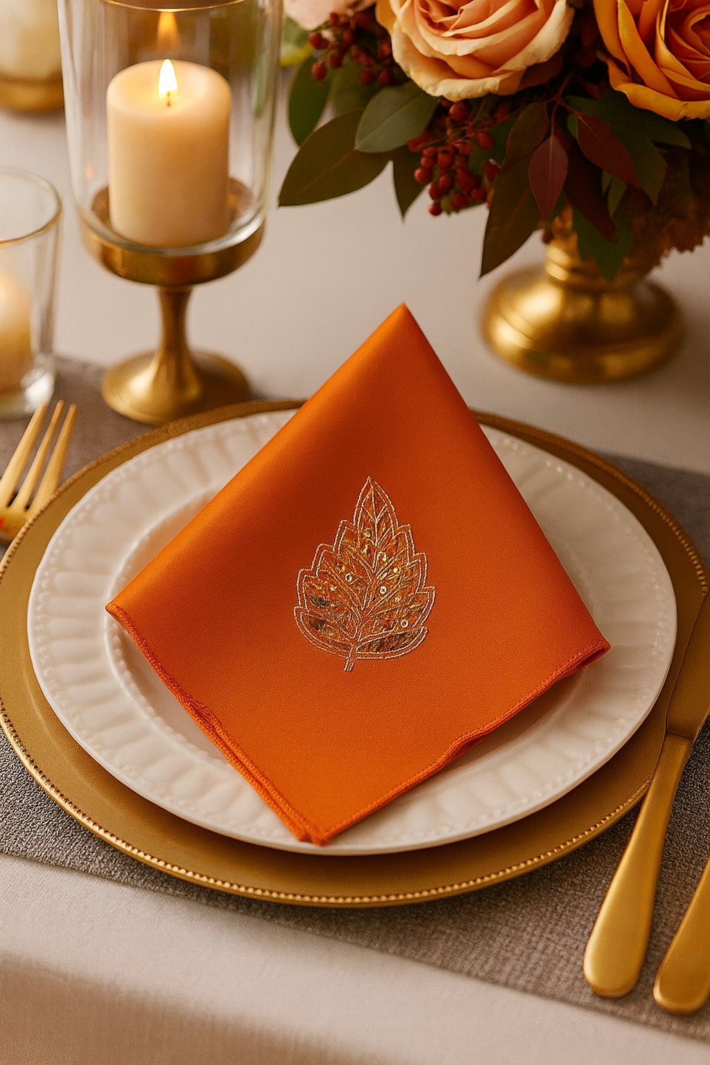 TBL0054 - Terracotta Embroidered Sequined Leaf 20" Cloth Napkin