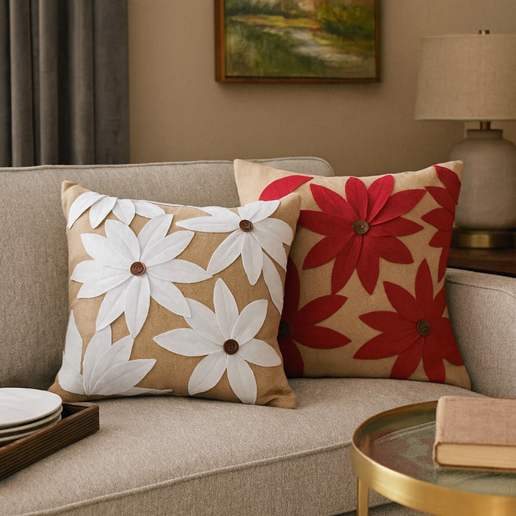 Poinsettia Flower Jute Filled 18" Throw Pillow
