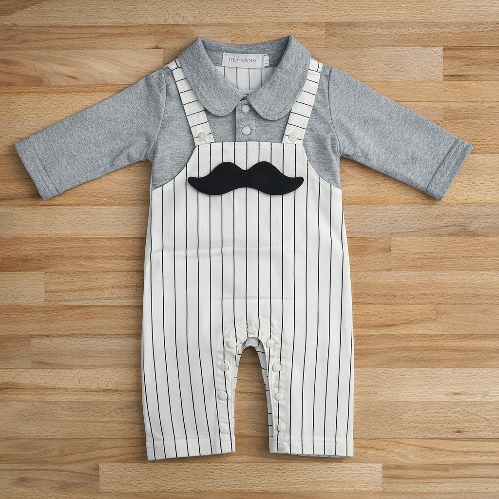 White-Grey Mustache Striped Baby Romper