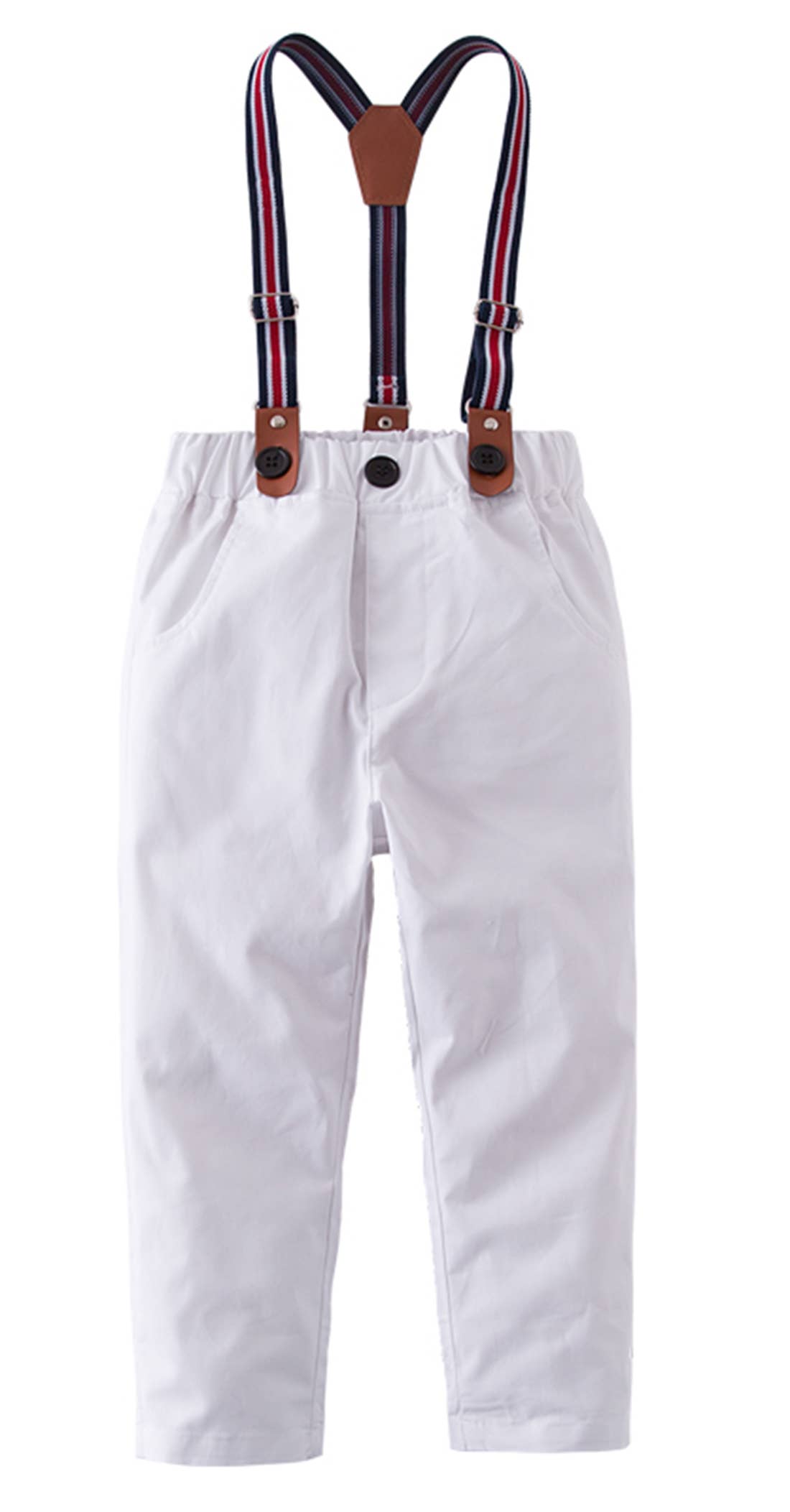 White Classic Boy Cotton Chino Long Pants with Suspenders
